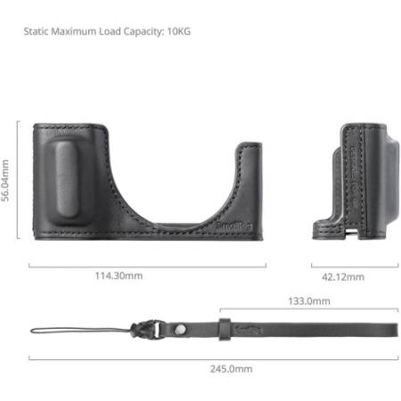 SmallRig 5676 - skórzany zestaw, półfuterał/etui/case z paskiem na nadgarstek do Ricoh GR IV/GR III/GR IIIx/GR III HDF/GR IIIx HDF (czarny) - wymiary